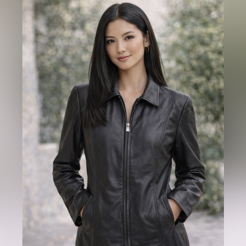 Black Leather Jacket Moto Zip Front Genuine Leather Classic Fit Size M